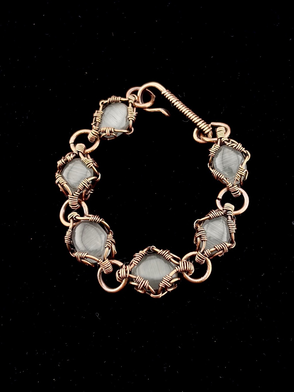 HANDMADE Cats Eye Wire Wrapped Copper Statement Bracelet, unique Jewelry Gift